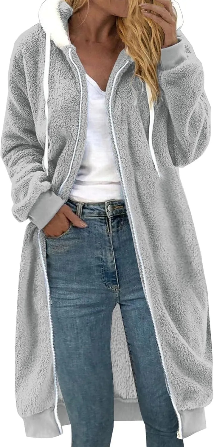 MINzYI Oversized Fleece Womens Sweatshirt Long Length Solid Zip Fuzzy Hoodies Oversized Casual Winter Warm Cozy Ladies Coats