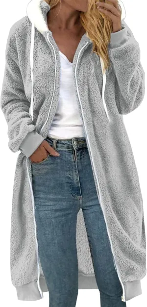 MINzYI Oversized Fleece Womens Sweatshirt Long Length Solid Zip Fuzzy Hoodies Oversized Casual Winter Warm Cozy Ladies Coats