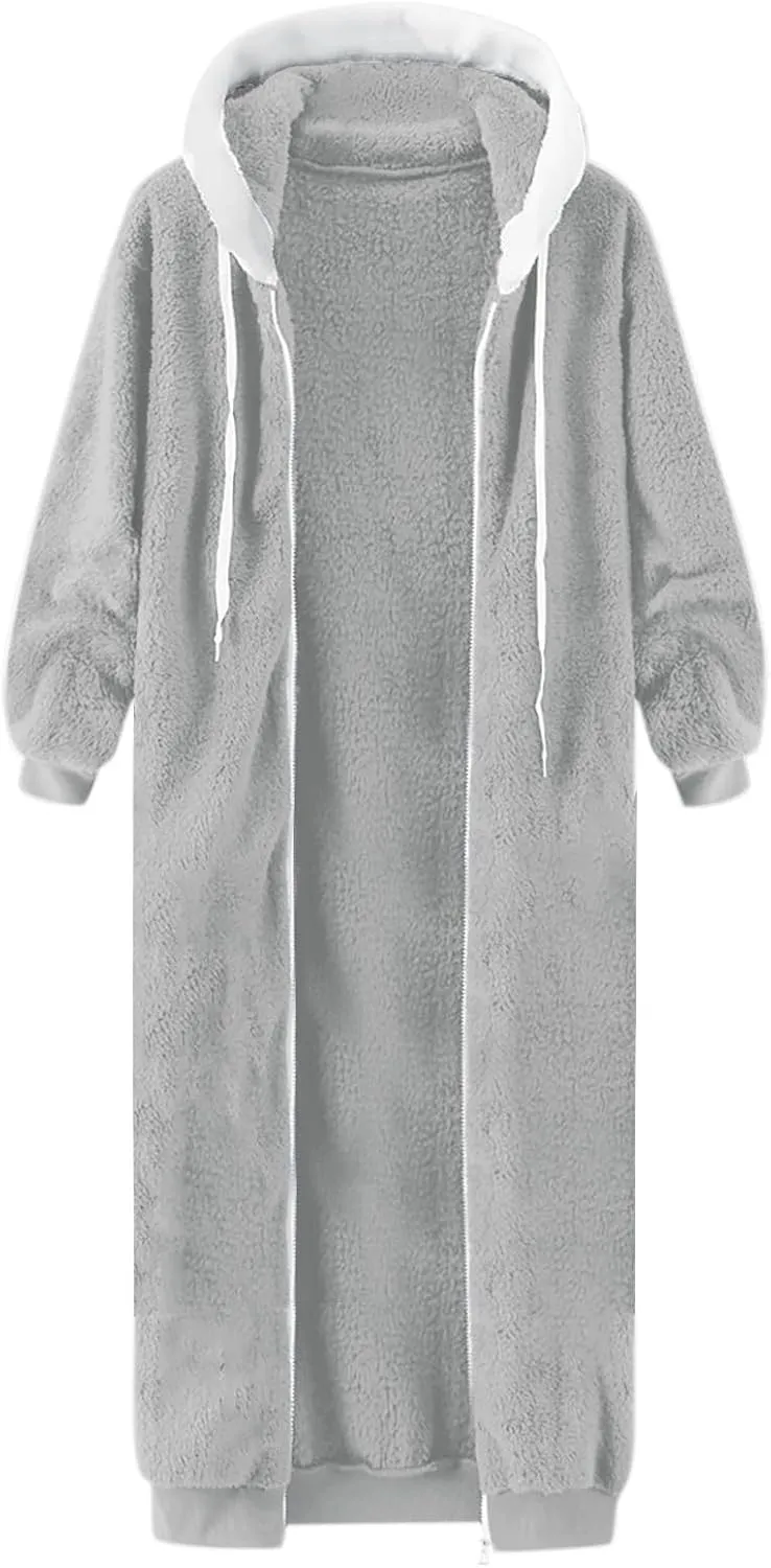 MINzYI Oversized Fleece Womens Sweatshirt Long Length Solid Zip Fuzzy Hoodies Oversized Casual Winter Warm Cozy Ladies Coats
