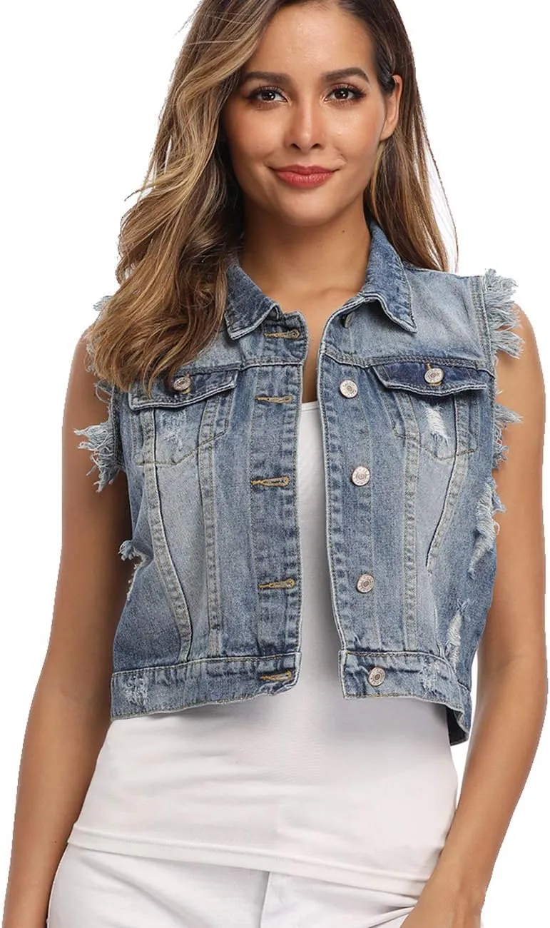 MISS MOLY Women's Denim Distressed Classic Vest Cotton