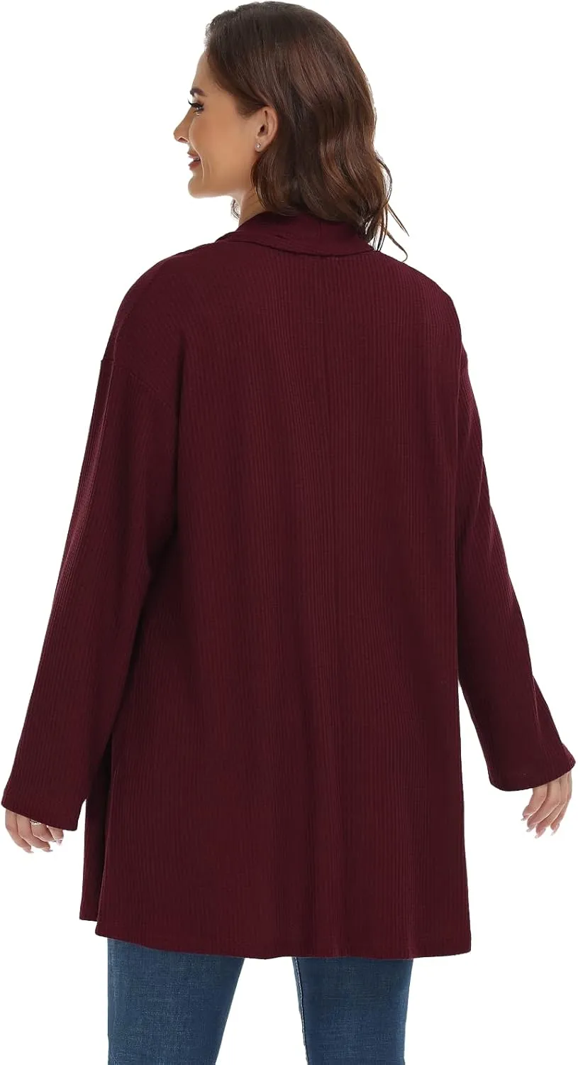 MONNURO Plus Size Cardigan for Women Open Front Casual Lightweight Long Sleeve Waffle Knit Cardigan for Fall