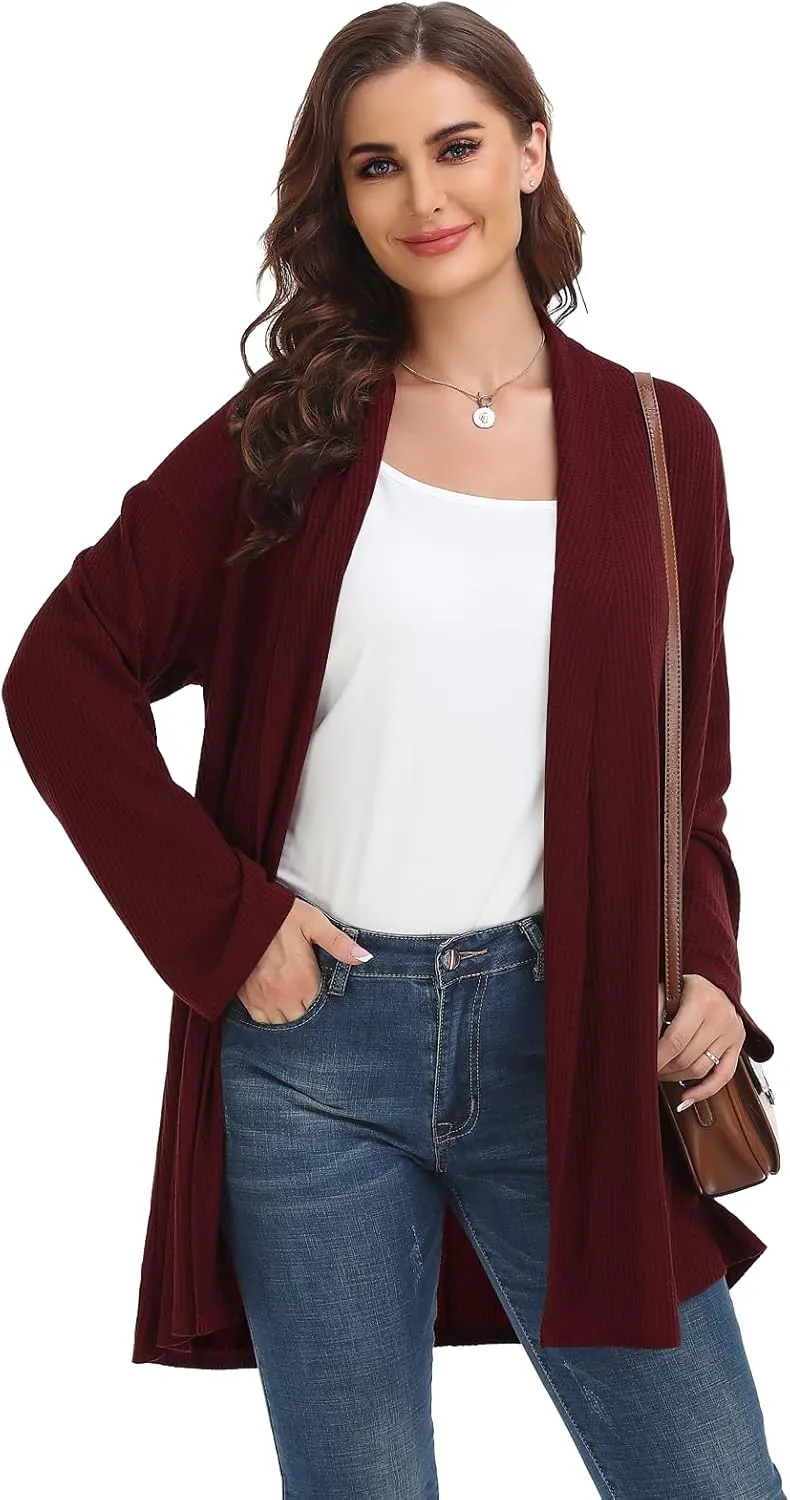 MONNURO Plus Size Cardigan for Women Open Front Casual Lightweight Long Sleeve Waffle Knit Cardigan for Fall