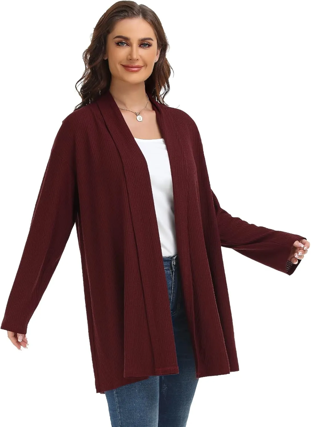 MONNURO Plus Size Cardigan for Women Open Front Casual Lightweight Long Sleeve Waffle Knit Cardigan for Fall