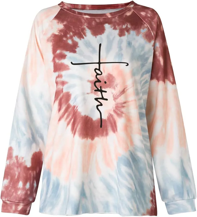 MUZHI Women's Casual Color Block Tie Dye Crewneck Faith Over Fear Long Sleeve Loose Pullover Sweatshirt Tops