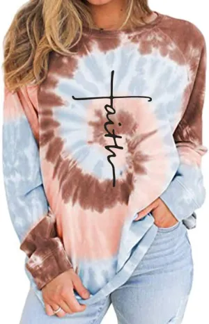 MUZHI Women's Casual Color Block Tie Dye Crewneck Faith Over Fear Long Sleeve Loose Pullover Sweatshirt Tops