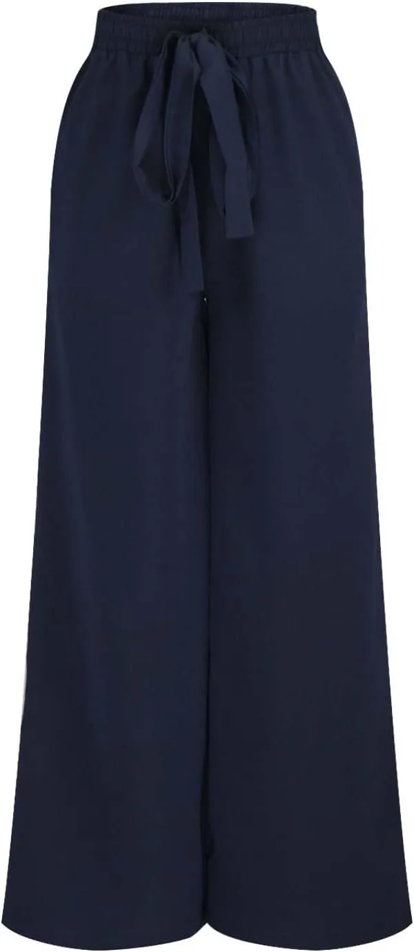 NATHGAM Cotton Linen Pants for Women Baggy Wide Leg Pants Casual Dressy Plus Size Trousers Summer High Waisted Tie Yoga Pants