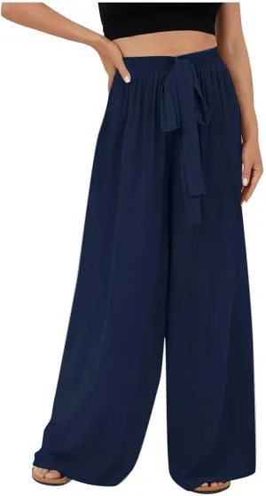 NATHGAM Cotton Linen Pants for Women Baggy Wide Leg Pants Casual Dressy Plus Size Trousers Summer High Waisted Tie Yoga Pants