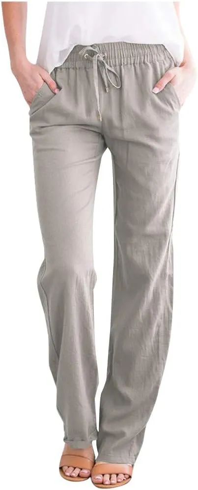 NATHGAM Women's Stretchy Wide Leg Palazzo Lounge Pants Casual Comfy High Waist Straight Leg Trouser Summer Cotton Linen Pants