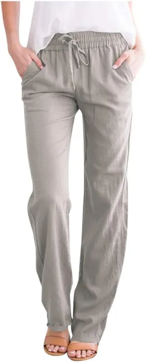 NATHGAM Women's Stretchy Wide Leg Palazzo Lounge Pants Casual Comfy High Waist Straight Leg Trouser Summer Cotton Linen Pants