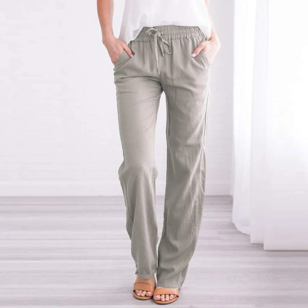 NATHGAM Women's Stretchy Wide Leg Palazzo Lounge Pants Casual Comfy High Waist Straight Leg Trouser Summer Cotton Linen Pants