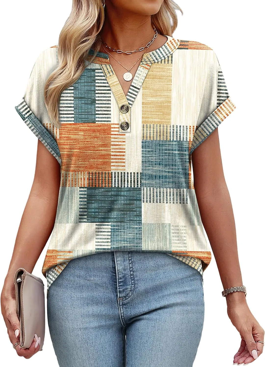 OFEEFAN Womens Tops and Blouses Dressy Casual V Neck Tshirts Short Sleeve Summer Clothes Trendy 2025