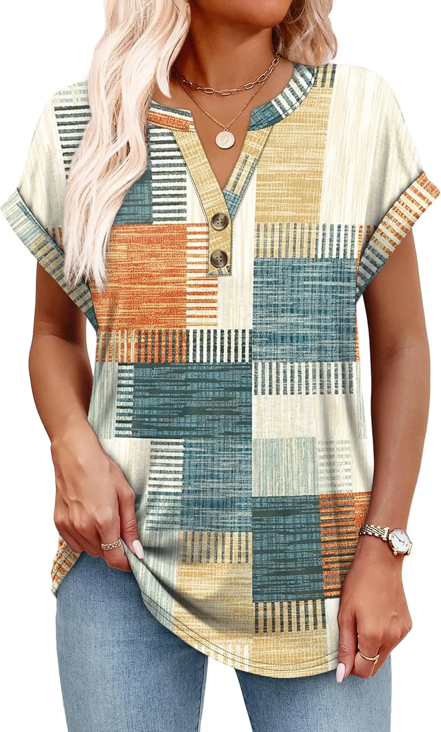 OFEEFAN Womens Tops and Blouses Dressy Casual V Neck Tshirts Short Sleeve Summer Clothes Trendy 2025