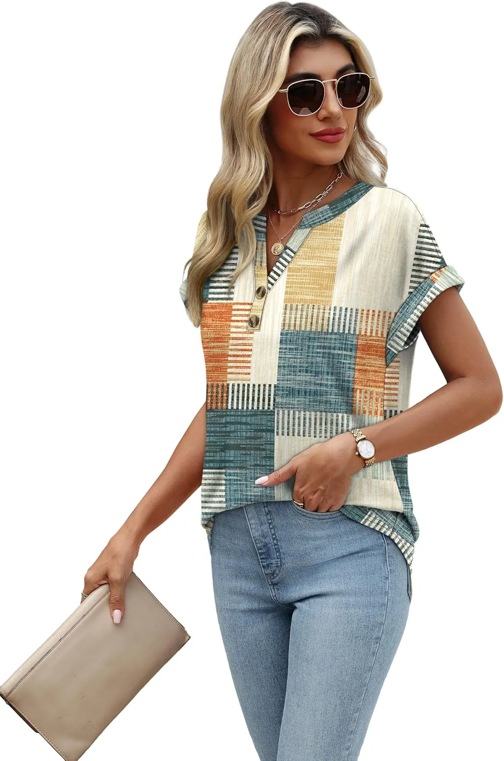 OFEEFAN Womens Tops and Blouses Dressy Casual V Neck Tshirts Short Sleeve Summer Clothes Trendy 2025