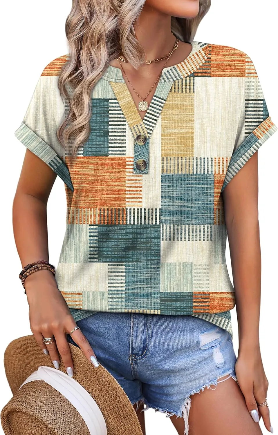 OFEEFAN Womens Tops and Blouses Dressy Casual V Neck Tshirts Short Sleeve Summer Clothes Trendy 2025