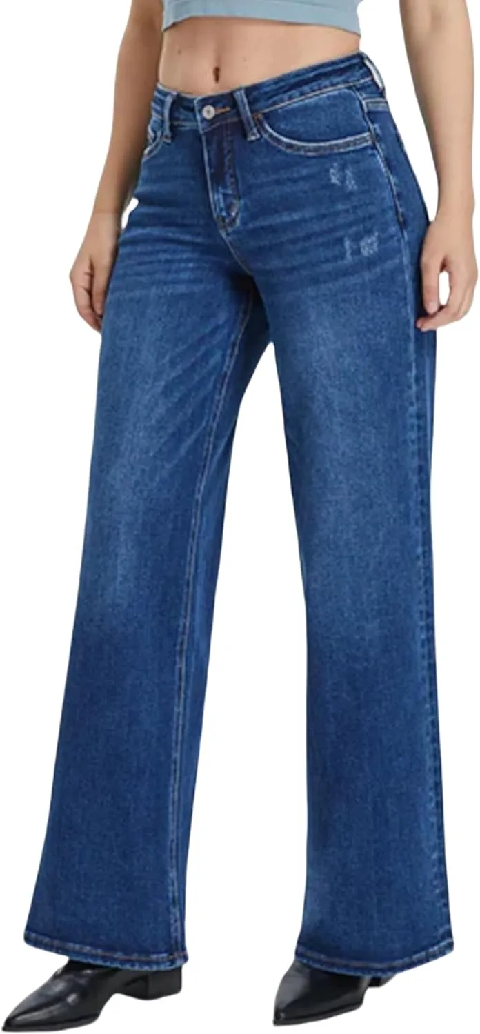 Oprah's Favorite Jeans Baggy Jeans High Waisted Wide Leg Straight Stretchy Denim Pants with Patch Pockets