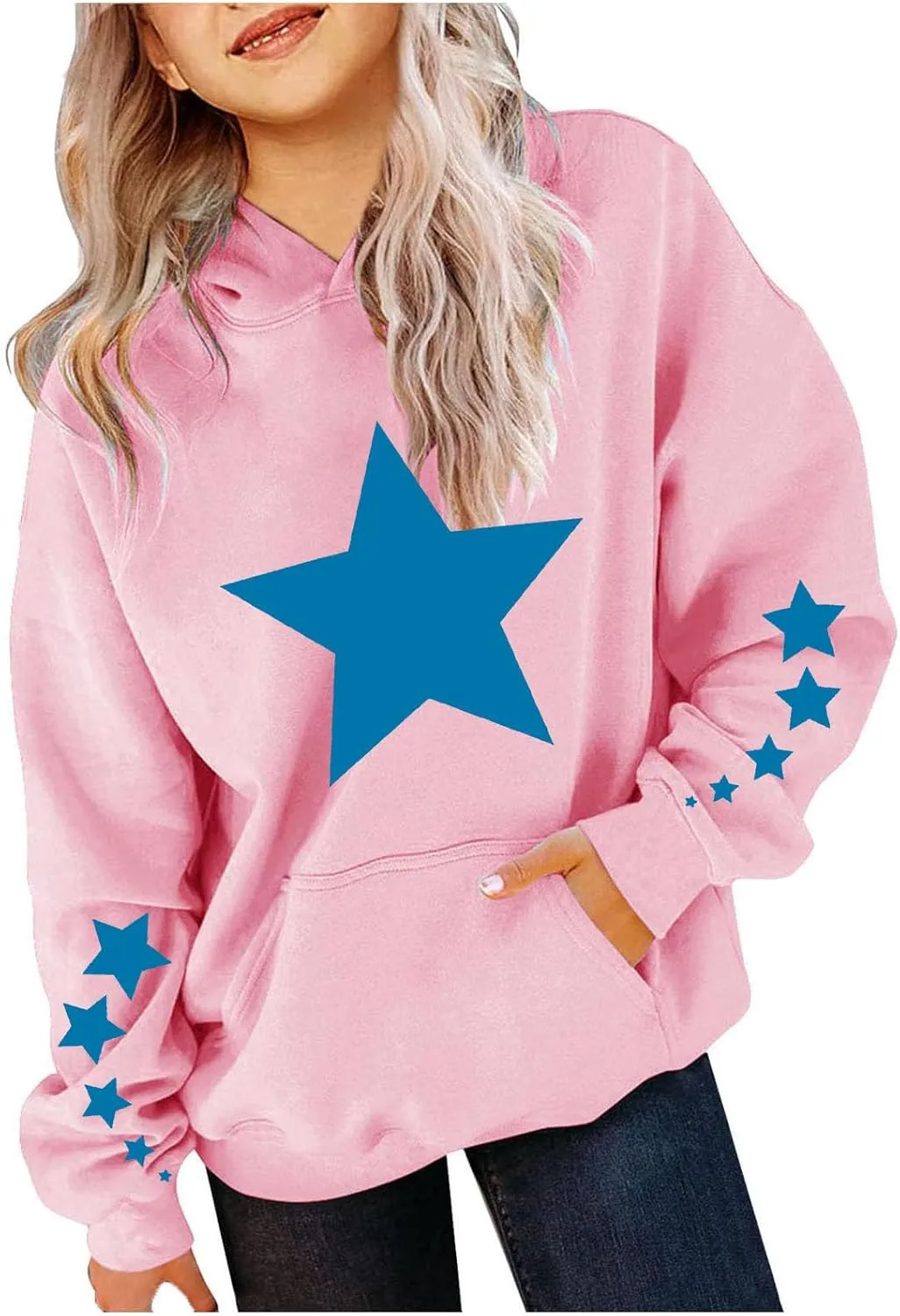 Oversized Hoodies For Boys And Girls Unisex Toddler Star Print Pullover Tops Casual Fleece Hooded Sweatshirt 4-13T