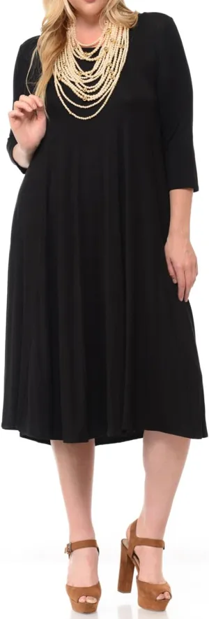 Pastel by Vivienne Women's Plus Size 3/4 Sleeve A-Line Swing Midi Dress  Flowy, Stretchy, Casual, and Comfortable