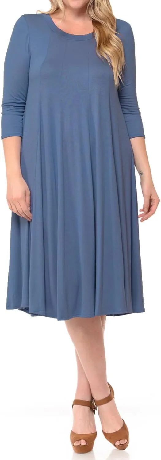 Pastel by Vivienne Women's Plus Size 3/4 Sleeve A-Line Swing Midi Dress  Flowy, Stretchy, Casual, and Comfortable