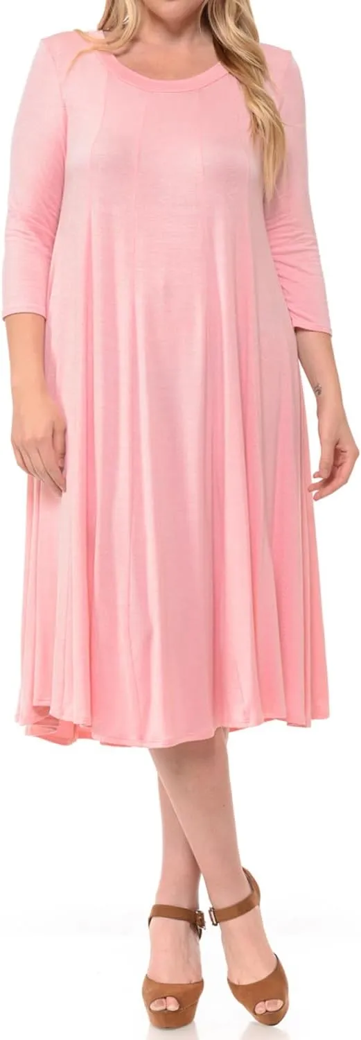Pastel by Vivienne Women's Plus Size 3/4 Sleeve A-Line Swing Midi Dress  Flowy, Stretchy, Casual, and Comfortable