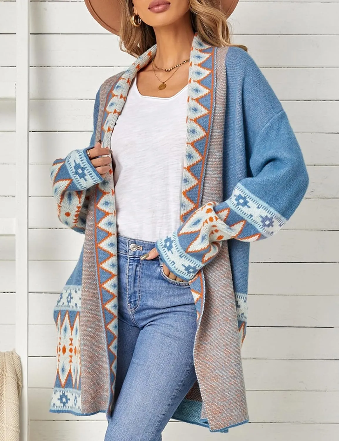 Perbai Womens Boho Aztec Cardigan Sweater Shawl Collar Open Front Tribal Long Sweater Coat with Pockets