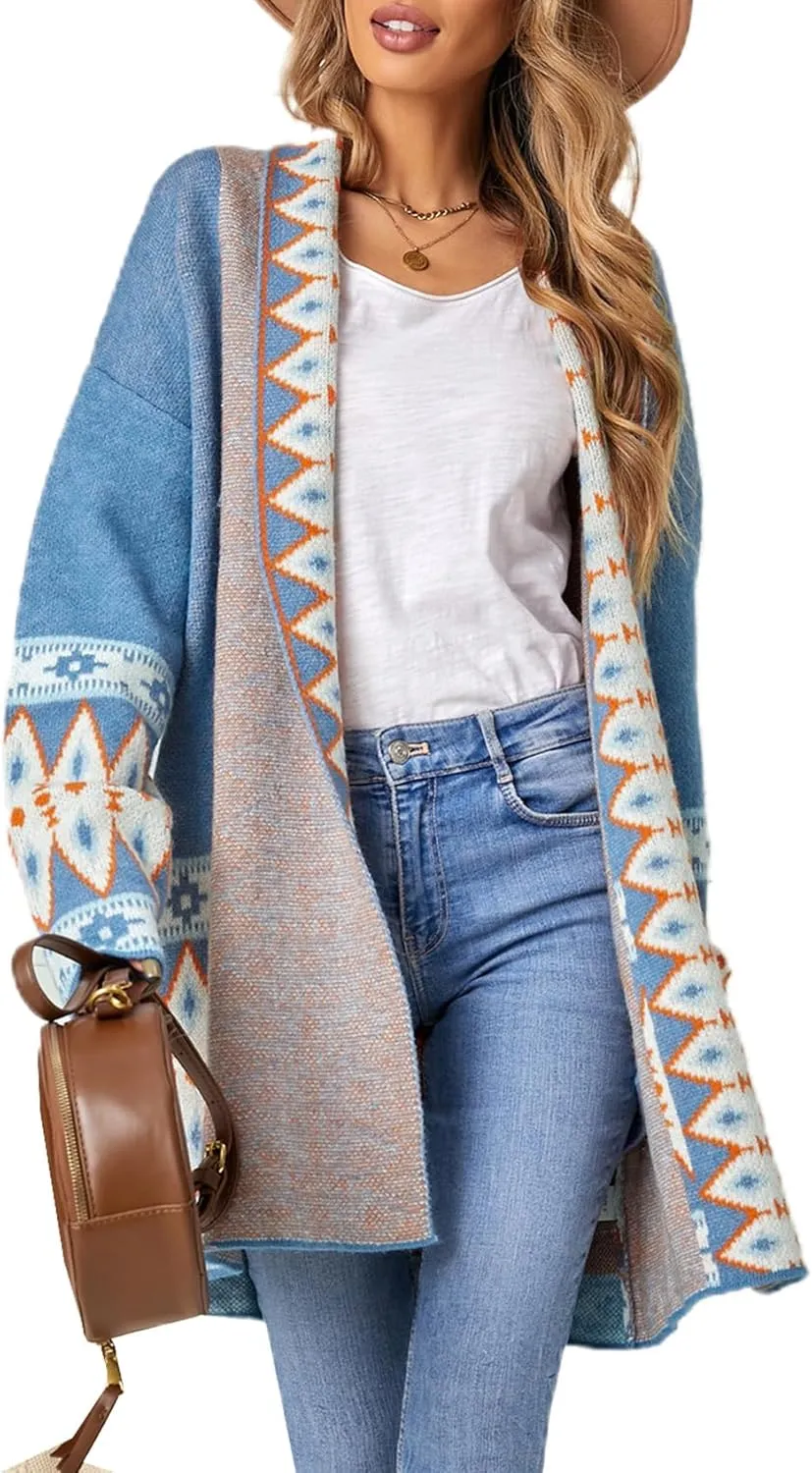Perbai Womens Boho Aztec Cardigan Sweater Shawl Collar Open Front Tribal Long Sweater Coat with Pockets