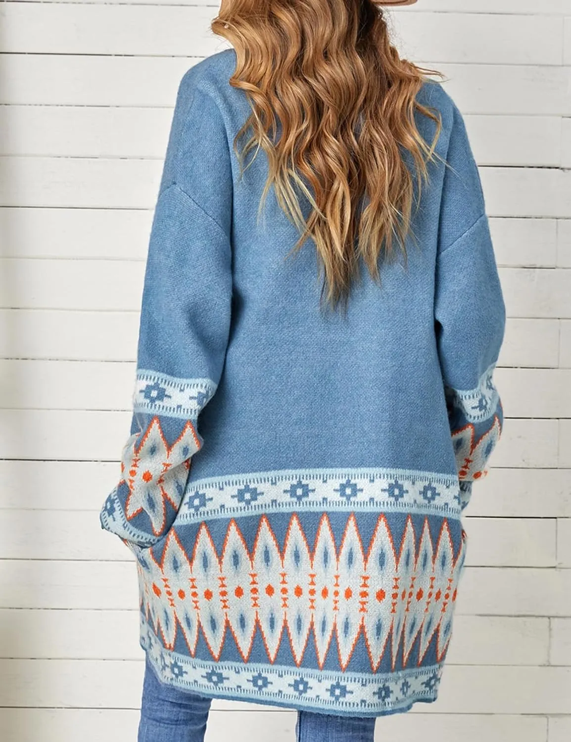 Perbai Womens Boho Aztec Cardigan Sweater Shawl Collar Open Front Tribal Long Sweater Coat with Pockets