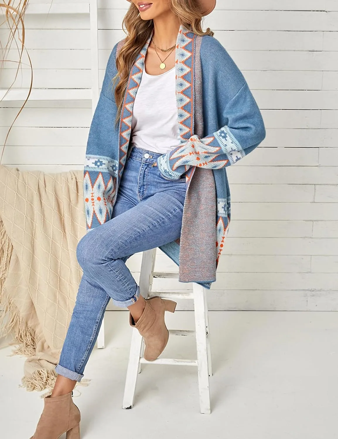 Perbai Womens Boho Aztec Cardigan Sweater Shawl Collar Open Front Tribal Long Sweater Coat with Pockets