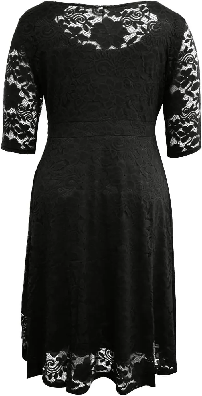 Plus Size Dresses for Curvy Women,2025 Elegant Lace Patchwork Cocktail Dress,Crewneck 3/4 Sleeve Midi Party Dress