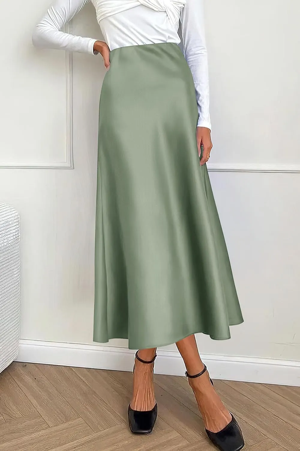 PRETTYGARDEN Women's Summer Midi Satin Skirt Dressy Casual High Waisted A Line Flowy Ruffle Elegant Party Skirts