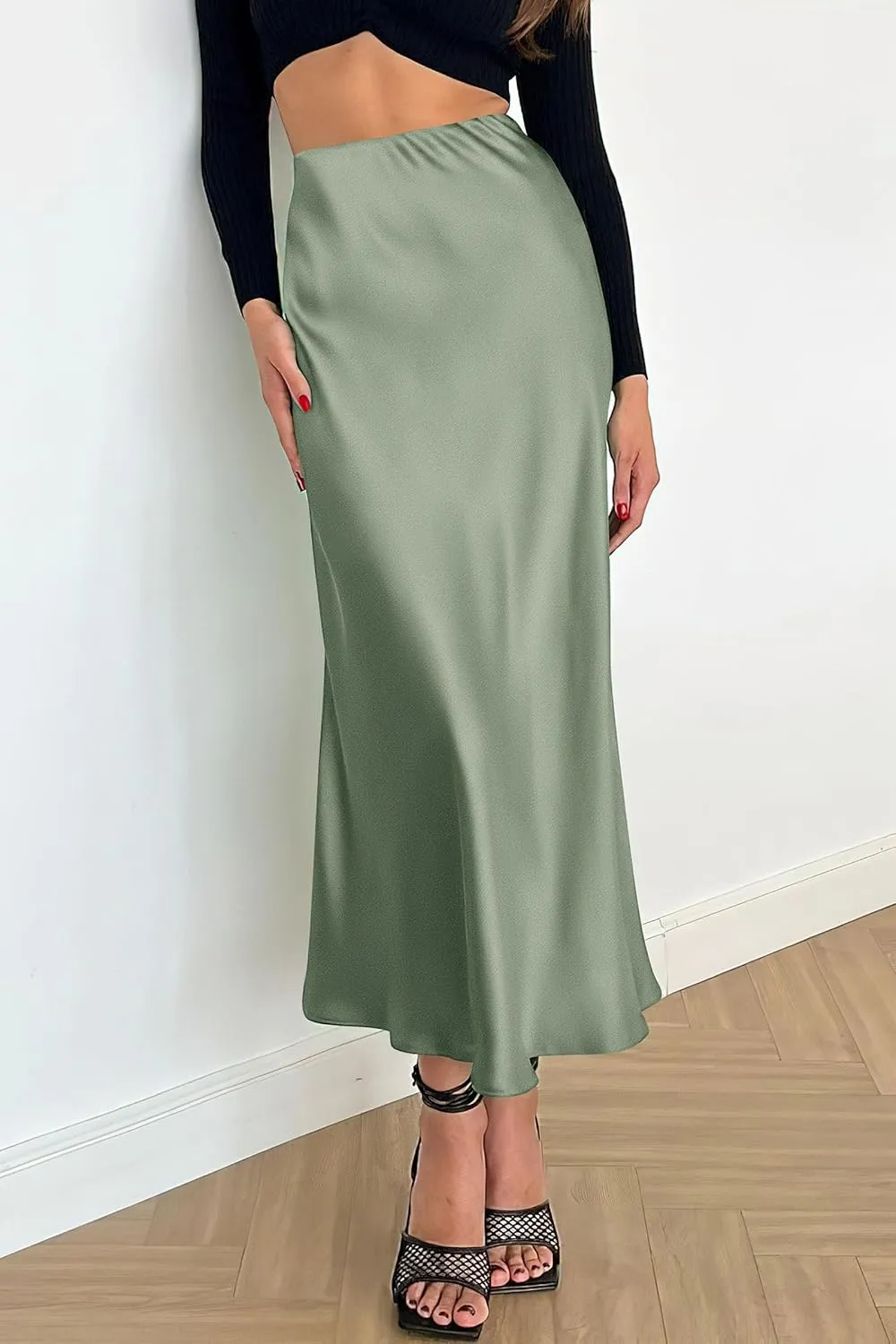 PRETTYGARDEN Women's Summer Midi Satin Skirt Dressy Casual High Waisted A Line Flowy Ruffle Elegant Party Skirts