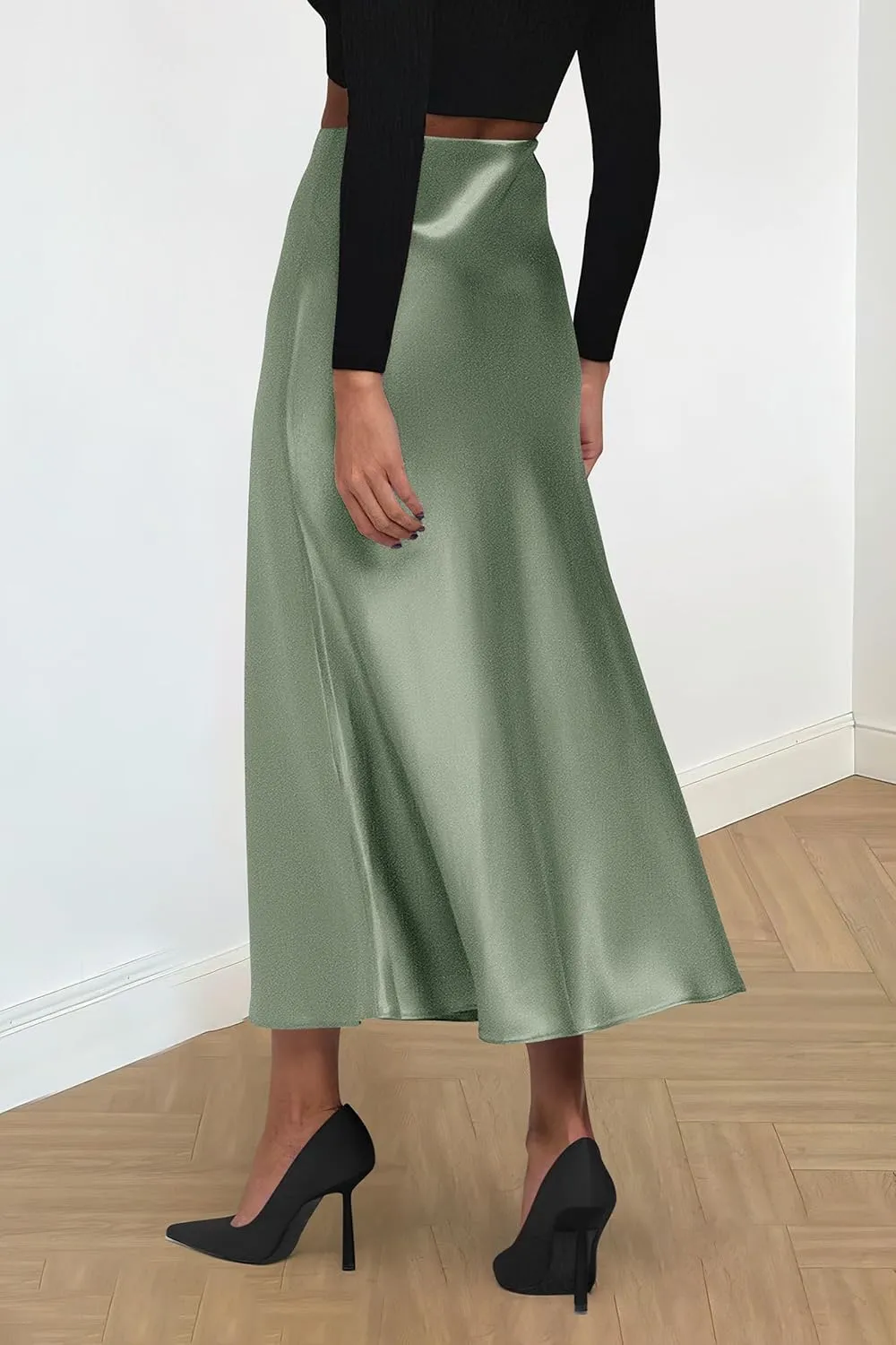 PRETTYGARDEN Women's Summer Midi Satin Skirt Dressy Casual High Waisted A Line Flowy Ruffle Elegant Party Skirts