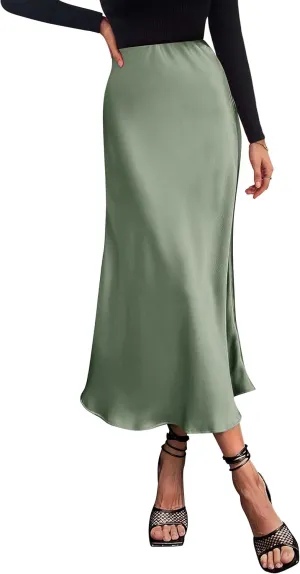 PRETTYGARDEN Women's Summer Midi Satin Skirt Dressy Casual High Waisted A Line Flowy Ruffle Elegant Party Skirts