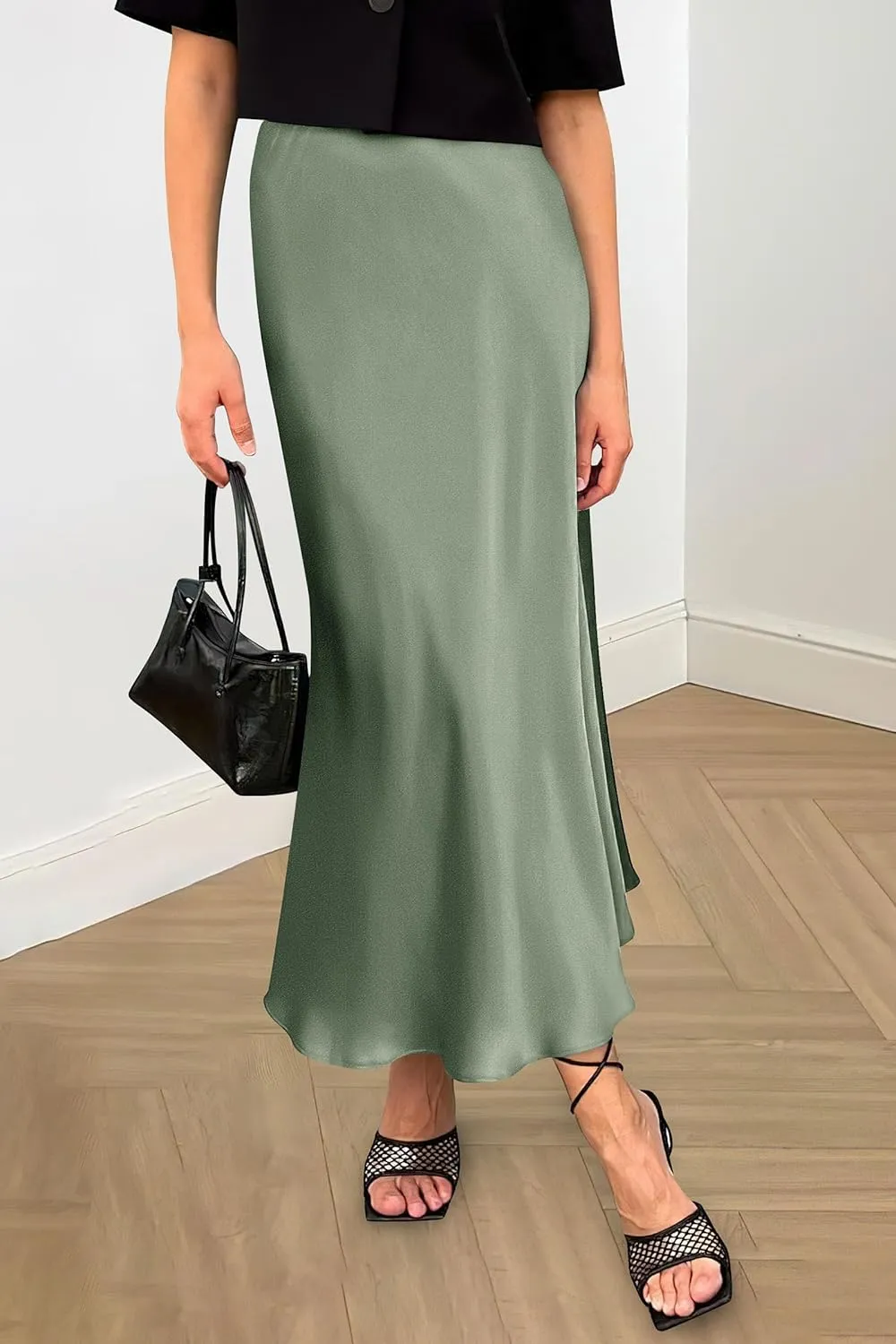 PRETTYGARDEN Women's Summer Midi Satin Skirt Dressy Casual High Waisted A Line Flowy Ruffle Elegant Party Skirts
