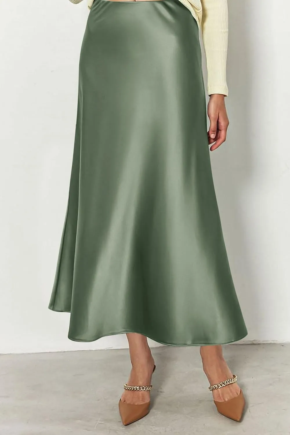 PRETTYGARDEN Women's Summer Midi Satin Skirt Dressy Casual High Waisted A Line Flowy Ruffle Elegant Party Skirts