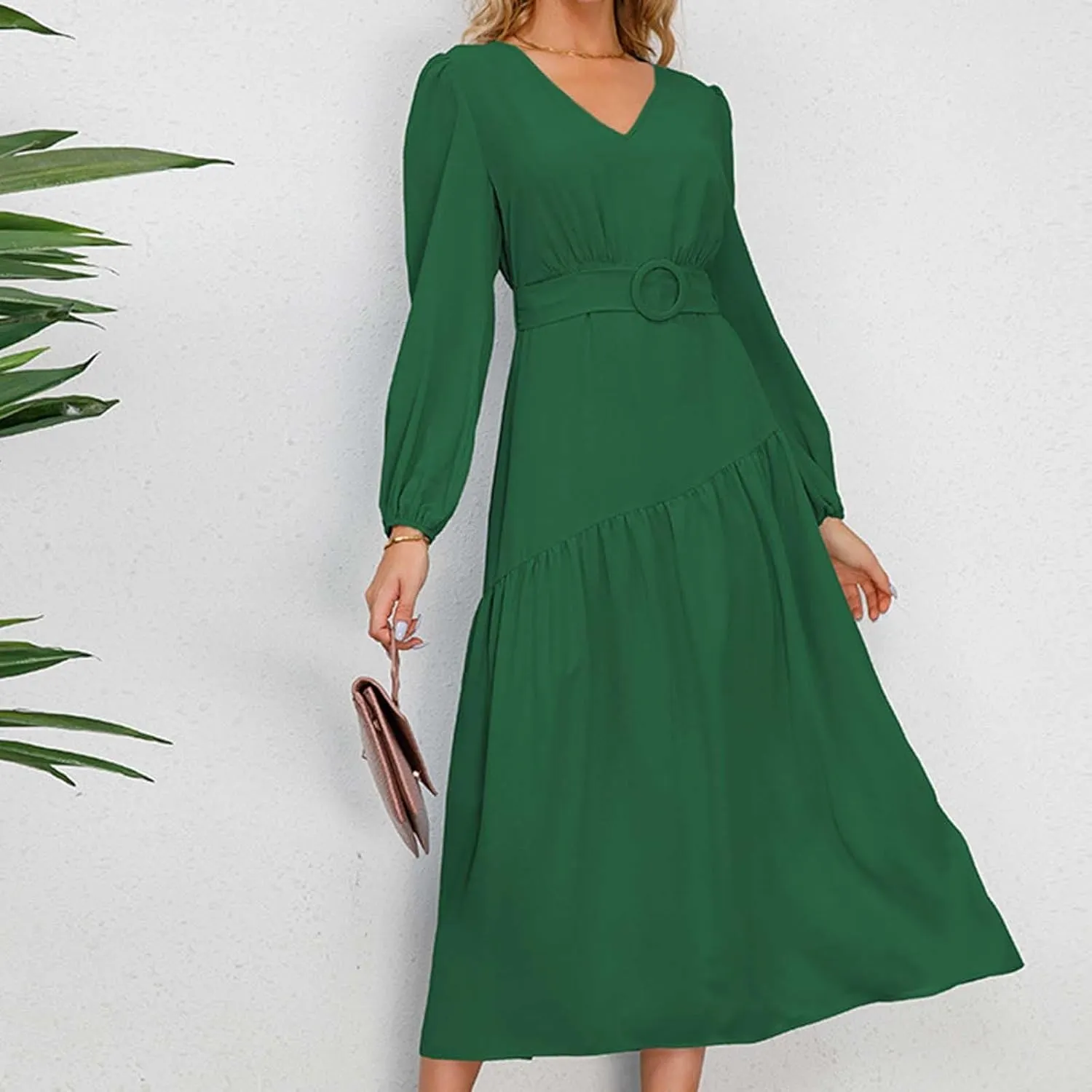 Prom Dresses for Women 2024 Elegant Long Sleeve V Neck Plain Empire Waist Fashion Maxi Dress Semi Formal Party Dress