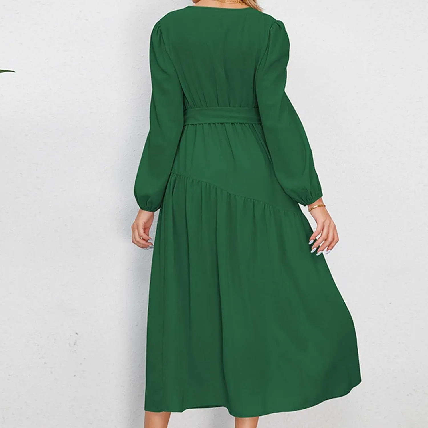 Prom Dresses for Women 2024 Elegant Long Sleeve V Neck Plain Empire Waist Fashion Maxi Dress Semi Formal Party Dress