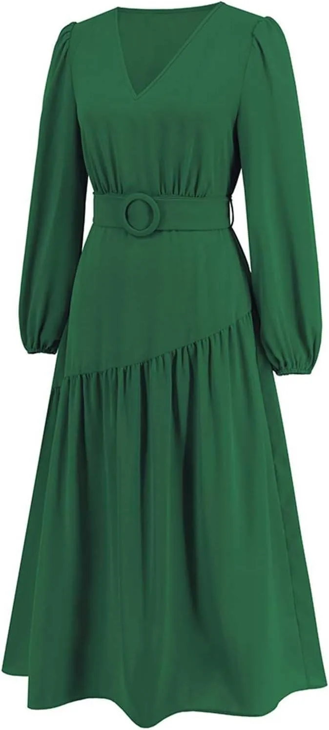 Prom Dresses for Women 2024 Elegant Long Sleeve V Neck Plain Empire Waist Fashion Maxi Dress Semi Formal Party Dress