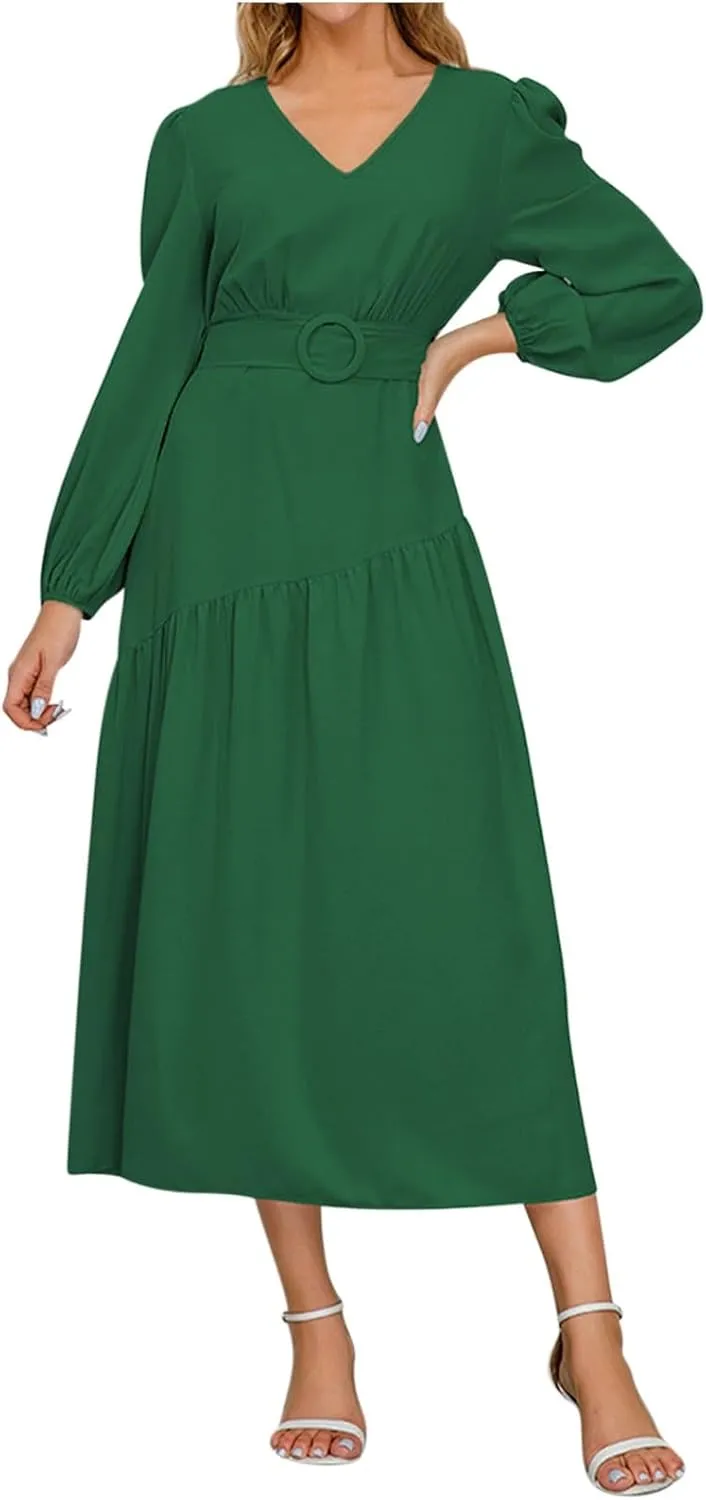 Prom Dresses for Women 2024 Elegant Long Sleeve V Neck Plain Empire Waist Fashion Maxi Dress Semi Formal Party Dress