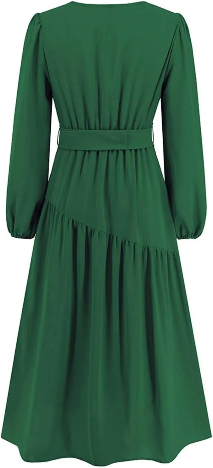 Prom Dresses for Women 2024 Elegant Long Sleeve V Neck Plain Empire Waist Fashion Maxi Dress Semi Formal Party Dress