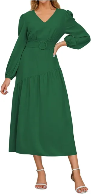 Prom Dresses for Women 2024 Elegant Long Sleeve V Neck Plain Empire Waist Fashion Maxi Dress Semi Formal Party Dress