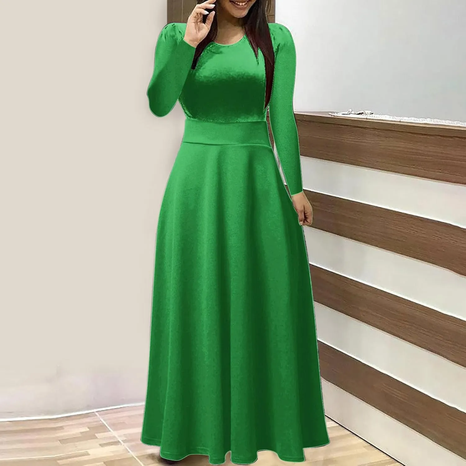 Prom Dresses for Women Plain Long Sleeve Ruffle Swing Dress Causal Elegant Elastic Waist Crewneck Fall Winter Dresses