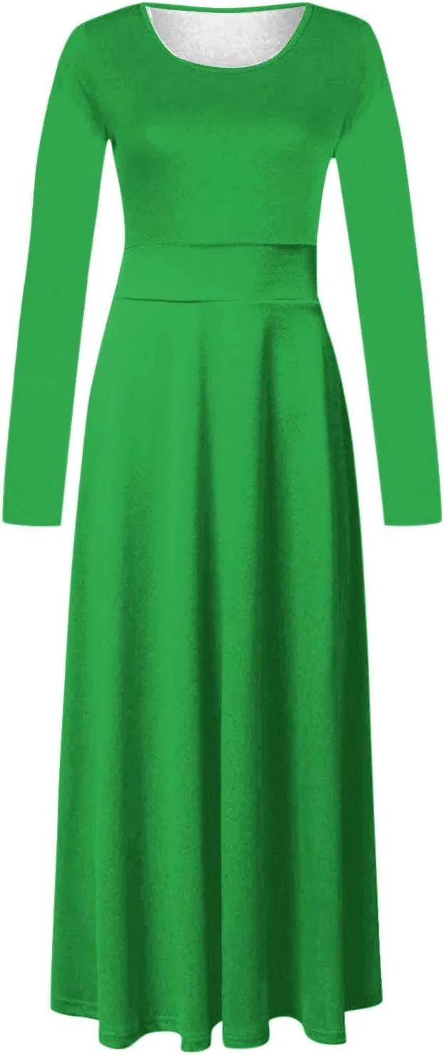 Prom Dresses for Women Plain Long Sleeve Ruffle Swing Dress Causal Elegant Elastic Waist Crewneck Fall Winter Dresses