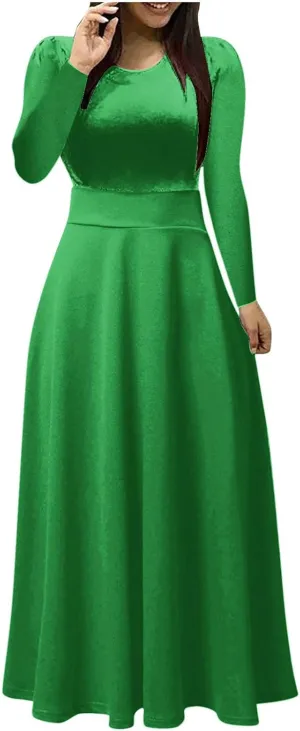 Prom Dresses for Women Plain Long Sleeve Ruffle Swing Dress Causal Elegant Elastic Waist Crewneck Fall Winter Dresses