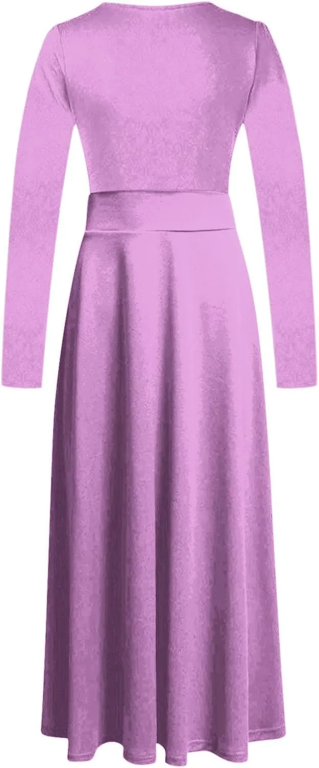 Prom Dresses for Women Plain Long Sleeve Ruffle Swing Dress Causal Elegant Elastic Waist Crewneck Fall Winter Dresses