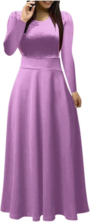 Prom Dresses for Women Plain Long Sleeve Ruffle Swing Dress Causal Elegant Elastic Waist Crewneck Fall Winter Dresses