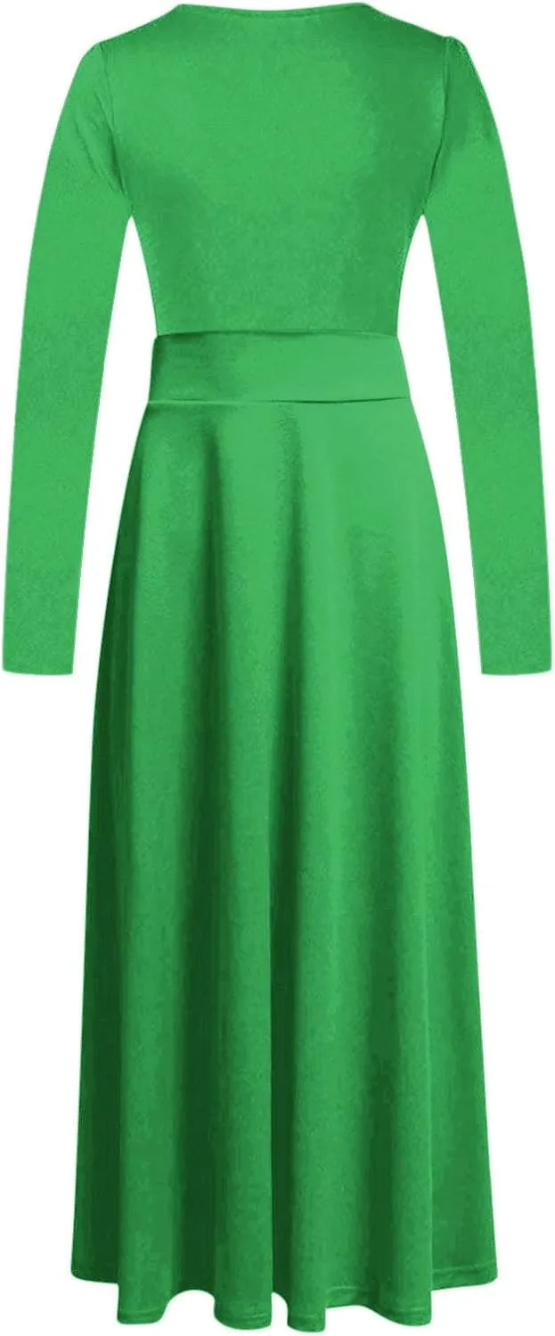 Prom Dresses for Women Plain Long Sleeve Ruffle Swing Dress Causal Elegant Elastic Waist Crewneck Fall Winter Dresses