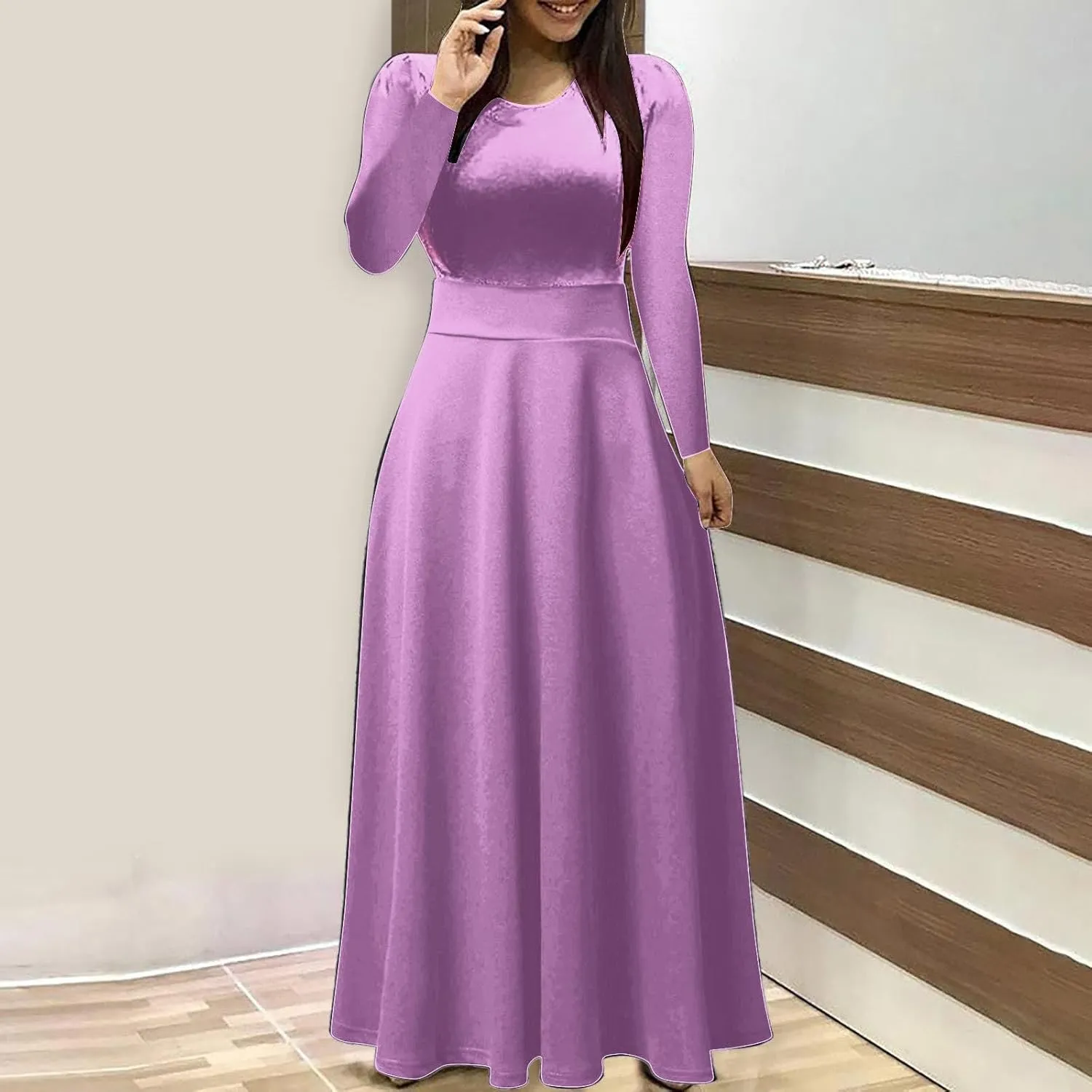 Prom Dresses for Women Plain Long Sleeve Ruffle Swing Dress Causal Elegant Elastic Waist Crewneck Fall Winter Dresses