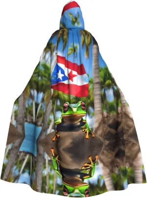 Puerto Rico Flags Frog Palm Trees Chic Black Hooded Cape - Durable & Comfortable Wear - Unique Gothic & Fantasy Novelty for All Occasions