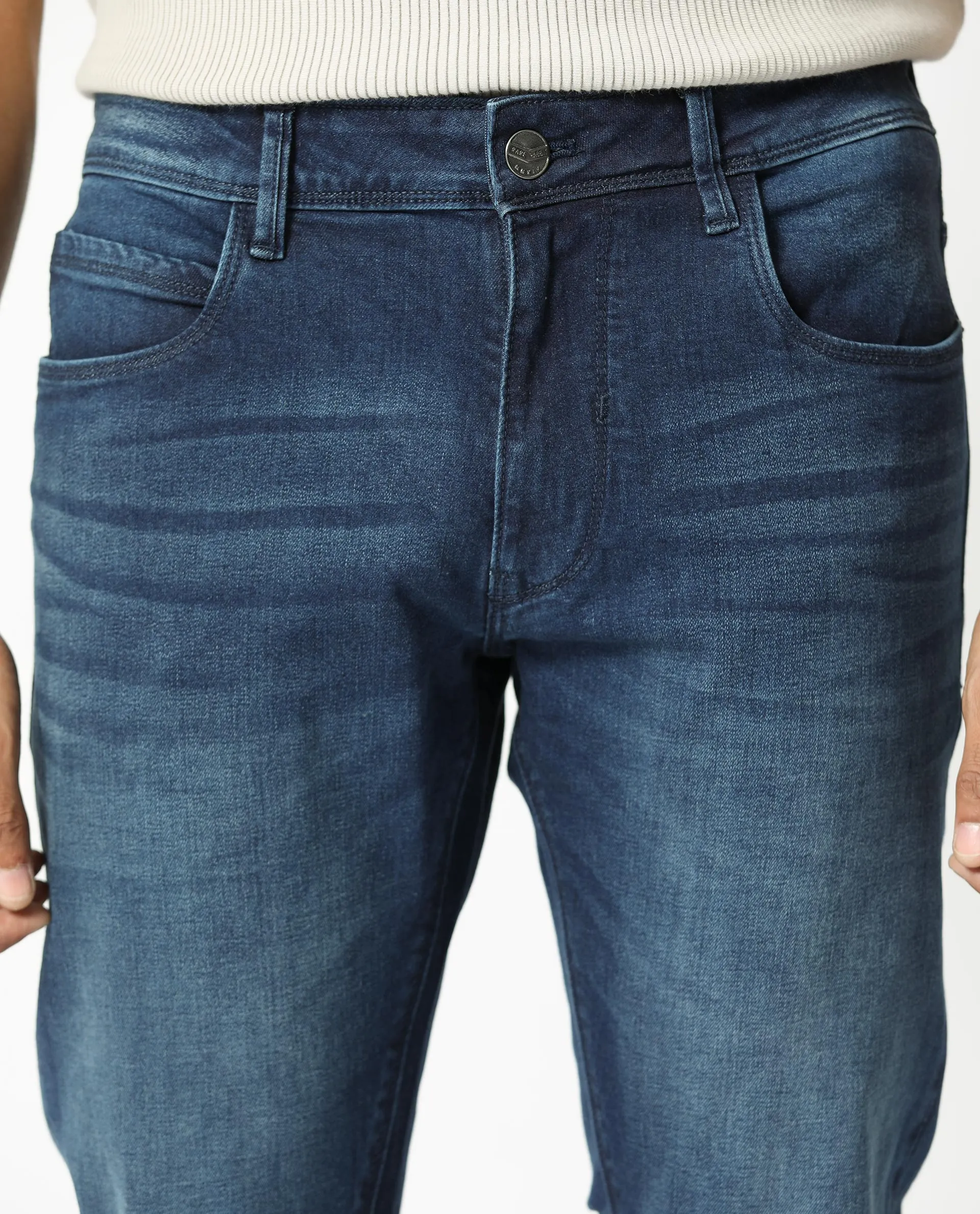 Rare Rabbit Men's Night Light Blue Mid Wash Mid-Rise Slim Fit Jeans