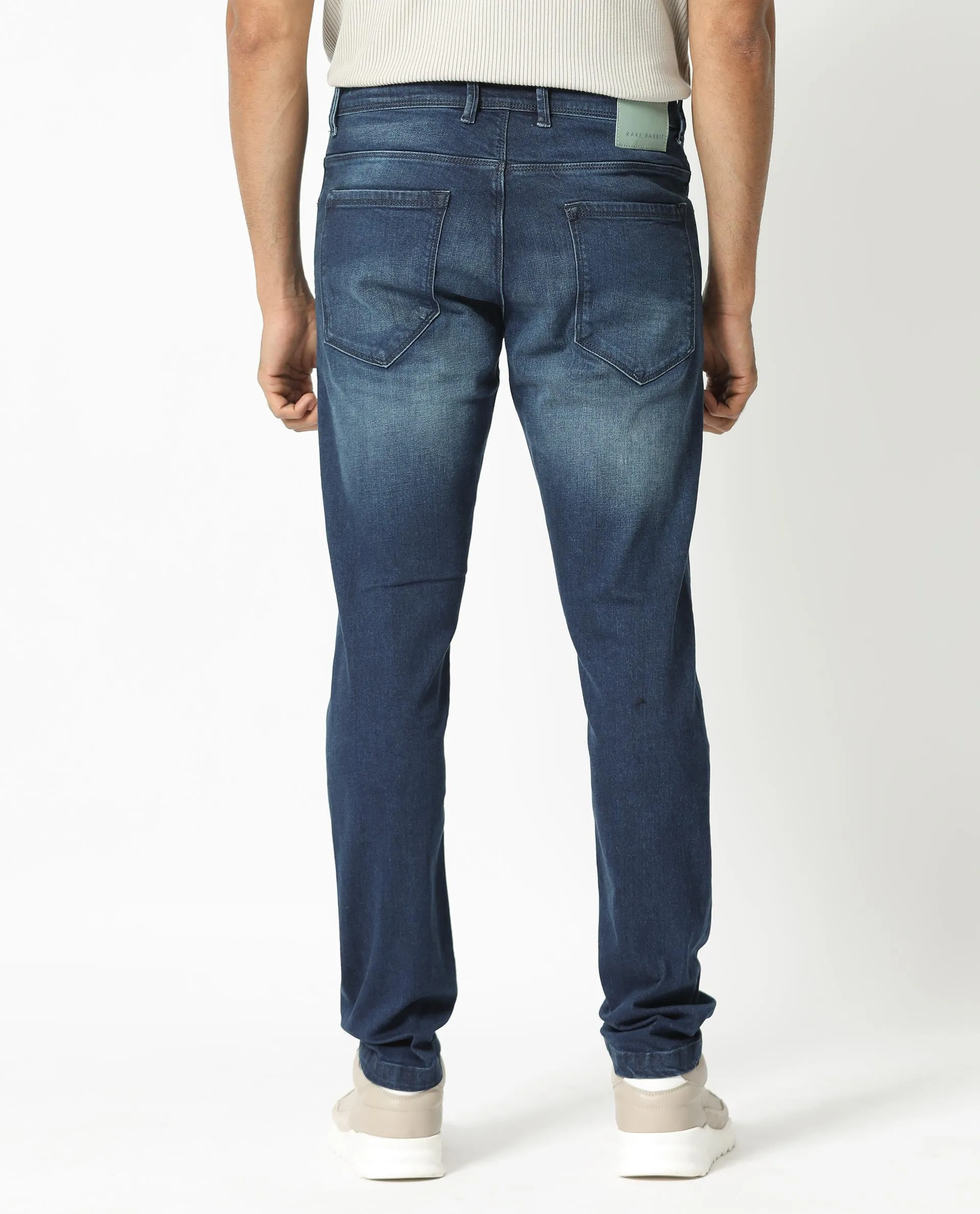 Rare Rabbit Men's Night Light Blue Mid Wash Mid-Rise Slim Fit Jeans